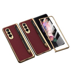 Leather Folding Mobile Phone  Case All-inclusive Anti-drop Creative Pen Slot Mobile Phone Cover Compatible For Zfold3/w22 wine red