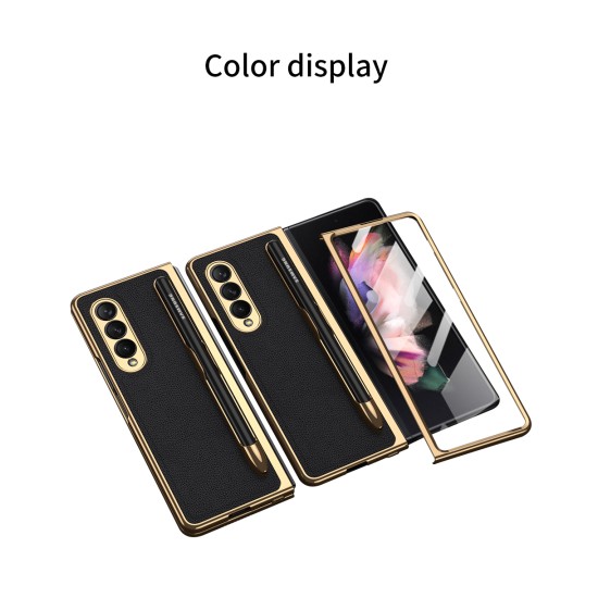 Leather Folding Mobile Phone  Case All-inclusive Anti-drop Creative Pen Slot Mobile Phone Cover Compatible For Zfold3/w22 Black