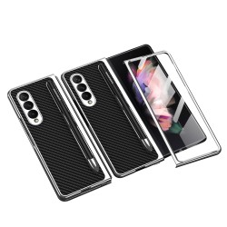 Leather Folding Mobile Phone  Case All-inclusive Anti-drop Creative Pen Slot Mobile Phone Cover Compatible For Zfold3/w22 Carbon Fiber