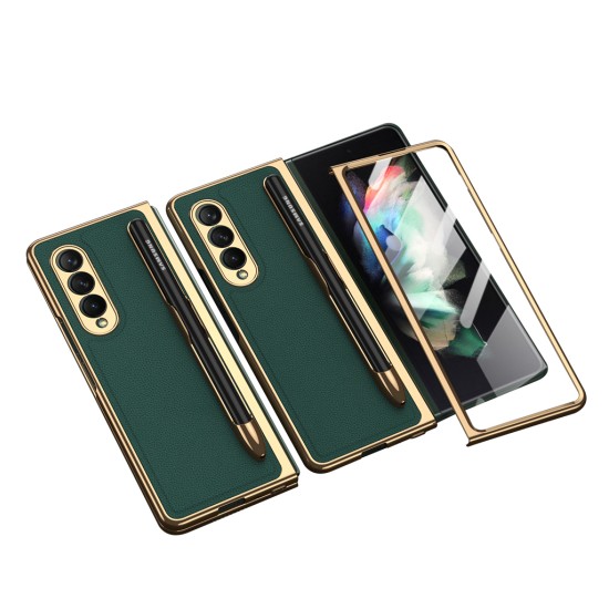 Leather Folding Mobile Phone  Case All-inclusive Anti-drop Creative Pen Slot Mobile Phone Cover Compatible For Zfold3/w22 green