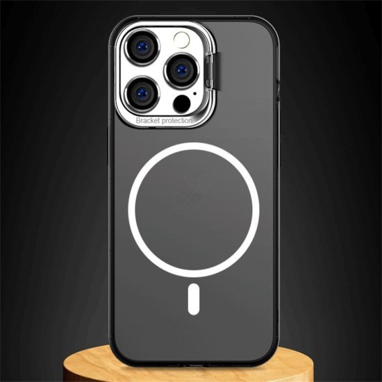 Metal Lens Stand Matte Phone Case for Mag Wireless Magnet Charging Back Cover Black for iPhone14ProMax