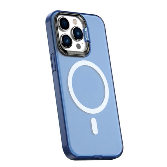 Metal Lens Stand Matte Phone Case for Mag Wireless Magnet Charging Back Cover Blue for iPhone14