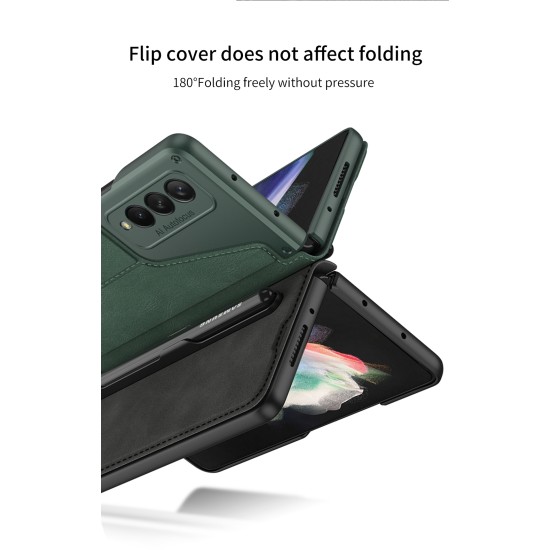 Pen Slot Mobile Phone  Cover All-inclusive Creative Magic Sticker Leather Flip Folding Protective Case Compatible For Zfold3/w22 Green