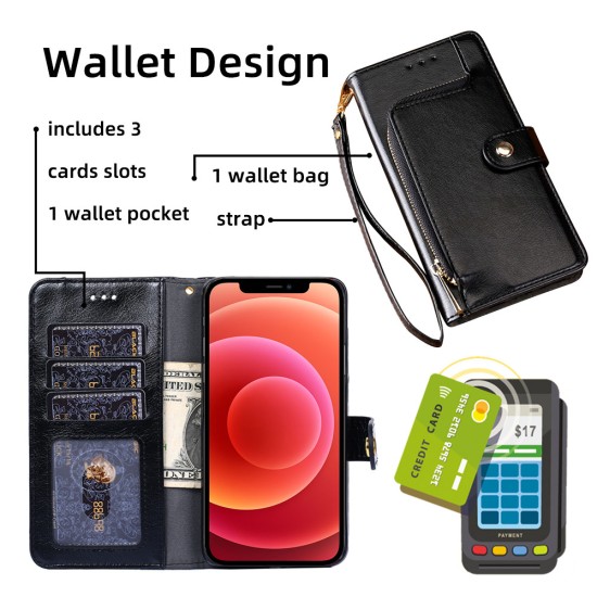 Phone Leather Case with Card Holder Flip Phone Wallet Black for iPhone 14