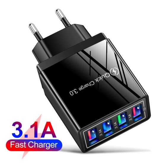 Charging  Head 12w 4 Usb Devices Mobile Phone Charger 3a Color Charging Head Us / Eu / Uk Plug Black Shell EU Plug