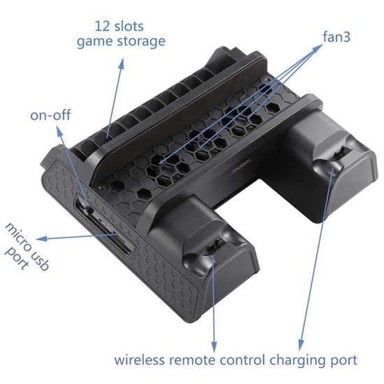 Compatible For Ps4 Cooling Base + Handle Dual Charging Vertical Stand With Smart Cooling Bracket Portable Charger With Non-slip Bottom black