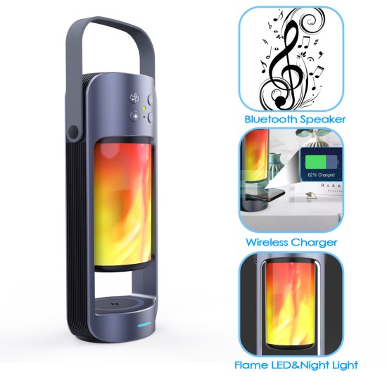 Flame Lights TF Card Deep Bass Bluetooth Loudspeaker U Disk HIFI 3D Stereo Multifunction Aux Support Night Lamp Wireless Charger Bluetooth Speaker  As shown