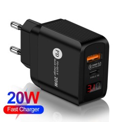 Mobile Phone  Charging  Head PD 20W+QC 3.0 Digital Display Dual Port Fast Charge Charger Black_EU