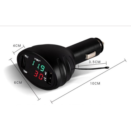 Car Digital LED Thermometer Voltmeter Auto Dual USB Charger Battery Monitor Temperature Gauge green red light