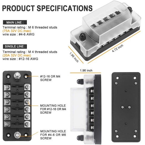 Universal Car Modified Fuse  Box Fuse Holder 6-way Positive Negative Fuse Box With Led Light For Vehicle Car Boat Marine Auto black