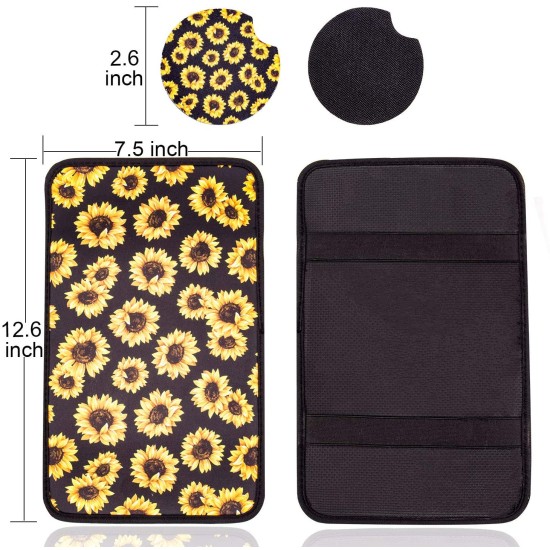 Vehicle Center Console Armrest Cover Pad Universal Fit Soft Stylish Sunflowers Pattern Comfort Center Console Armrest Cushion Armrest + 2 coasters