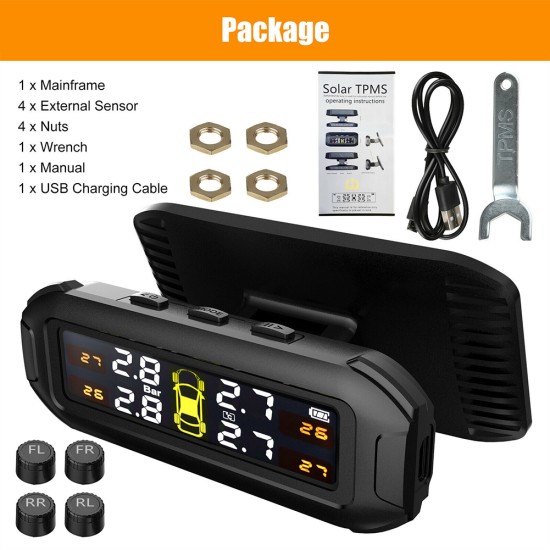 T8 Wireless Solar Car Tire  Pressure  Monitoring  System 4 External Sensors With Pressure Temperature Display High Precision Instrument Tpms black