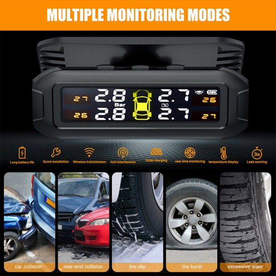 T8 Wireless Solar Car Tire  Pressure  Monitoring  System 4 External Sensors With Pressure Temperature Display High Precision Instrument Tpms black