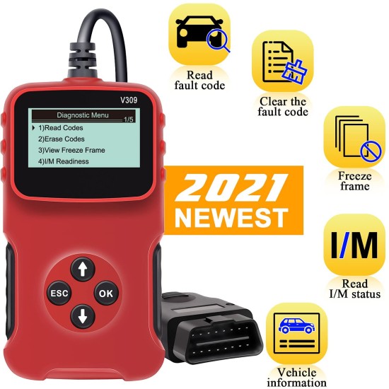 V309 Car  Fault  Detector Elm327 Obd2 Car Diagnostic Tool Code Reading Card Red black