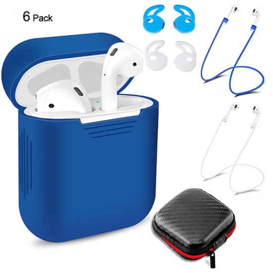 6 Pcs/Set Silicone Protective Cover & Receiving box & Anti Lost Strap & Ear Cover Hooks for Apple AirPods Case Blue Color