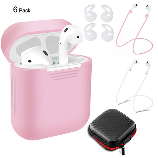 6 Pcs/Set Silicone Protective Cover & Receiving box & Anti Lost Strap & Ear Cover Hooks for Apple AirPods Case Pink Color