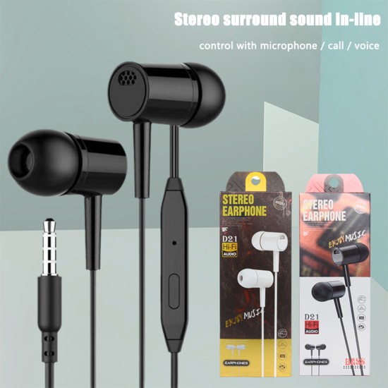 D21 Wired Headset In-ear Bass Earplugs Smart Game Headphones with Microphone for Mobile Computer Universal White