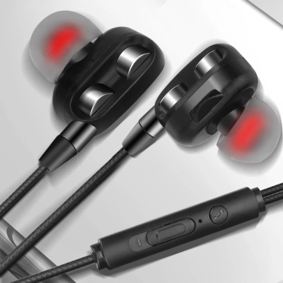 Dual Moving Coil Quad-core Earphones Wire-controlled Earphones Subwoofer Heavy Bass Earphones Black