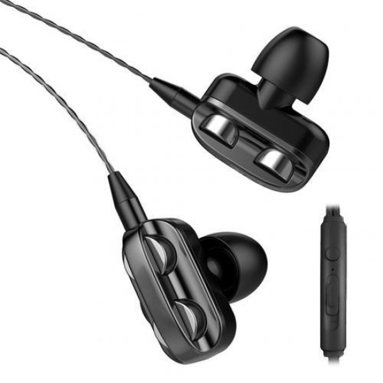 Dual Moving Coil Quad-core Earphones Wire-controlled Earphones Subwoofer Heavy Bass Earphones Black