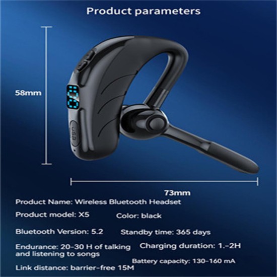 Ear Hook Business Handsfree Headset Sound-activated X5 Wireless Bluetooth-compatible Earphones Digital Display Black