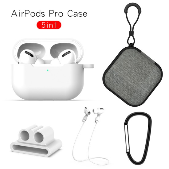 Earphone Protective Case for AirPods Pro Soft Silicone Cover+Carabiner+Anti-lost Strap+Wrist Holder+Storage Bag Black