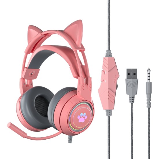 G25 Cute Cat Ear Luminous Wired  Headset Noise-canceling High-definition Microphone Stereo Ergonomic Gaming Computer Earphone Blue