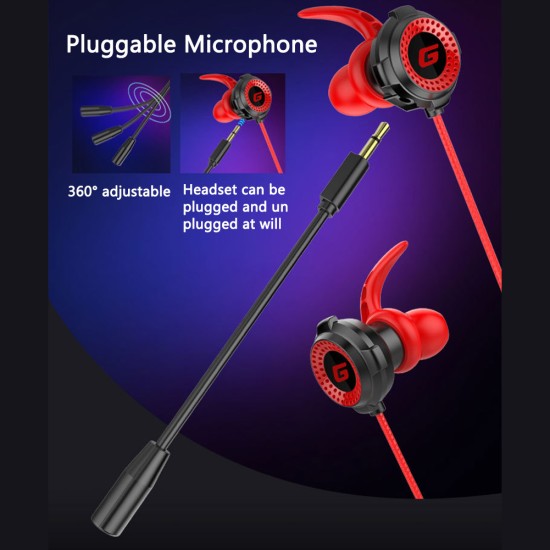 Gaming Headset with Pluggable Microphone 3.5mm Portable Stereo In-ear Earphone for iPhone Huawei Samsung Xiaomi Red