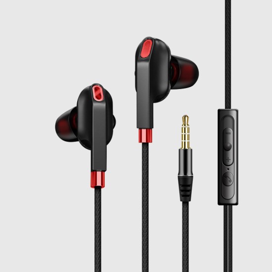 In-ear Subwoofer Headphones Quad Core Double Moving Coil Tuning Wire-controlled Game Headset Black Red