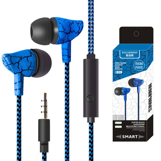 In-ear Wire-controlled Headset with Microphone 3.5mm Stereo Plug Fashion Braided Wire Crack Earphones Blue