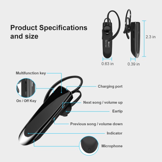 K200 Wireless Bluetooth Headset Ergonomic Music Earphone Single Hanging Ear Earbuds Black