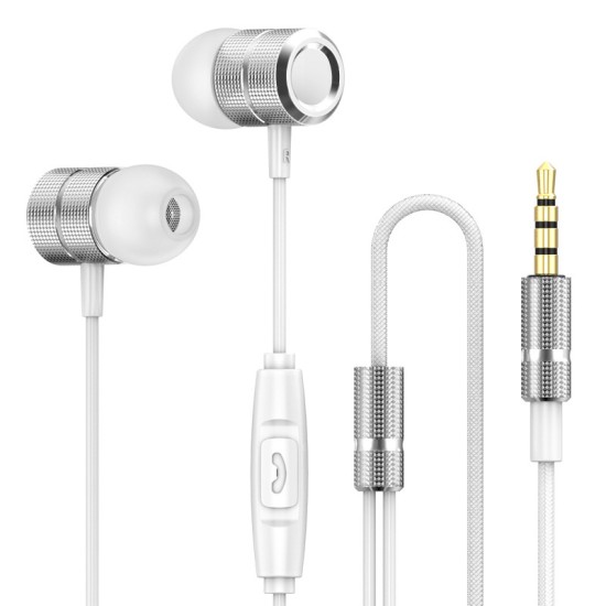 Metal In-ear Headphones Music Earbuds with Microphone Wire-controlled Game Headset Silver