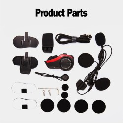 Motorcycle Cycling Helmet Headset 2000m 6 Riders Intercom Headphone Rechargeable Bluetooth 5.0 Red