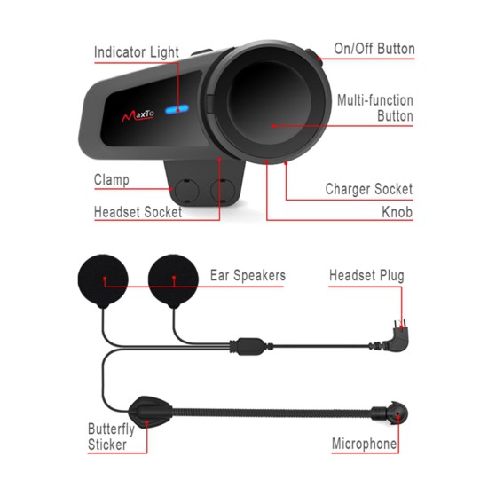 Motorcycle Helmet Bluetooth-compatible Headset Fm Radio Waterproof Universal Hd Group Intercom Earphone black