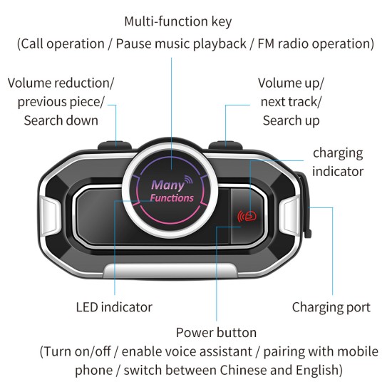 Motorcycle Helmet Headset Bluetooth 5.0 Waterproof Headset Multifunctional Bluetooth Headset Black