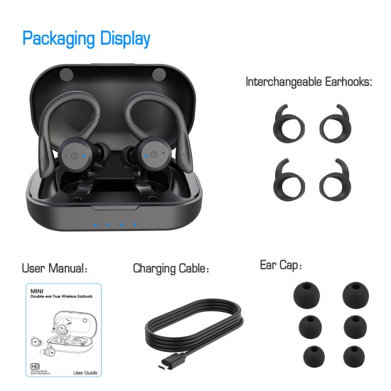 Noise Reduction Bluetooth-compatible Headset Comfortable Ergonomic Design Wireless In-ear Ear Hooks High-power Sports Headphones black