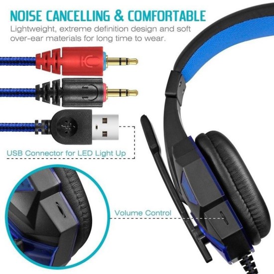 Over Ear Gaming Headset with Mic and LED Light for Laptop Cellphone PS4, Blue