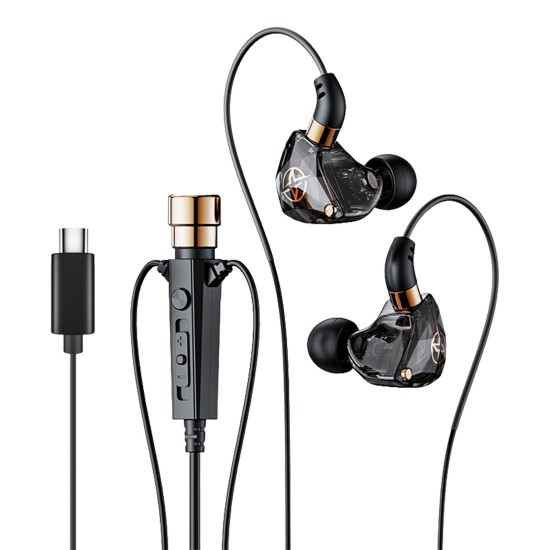 Typ-c Wired Headset 1.2m with Microphone Noise-canceling Earbud In-ear Headphones Black