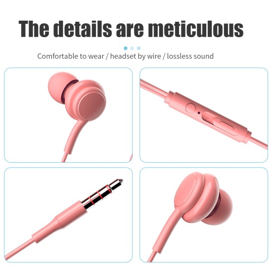 Wired Control Headphones With Microphone Candy Color Stereo In-ear Earbuds Headset Compatible For Iphone Android pink