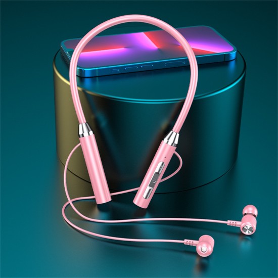 Wireless Bluetooth 5.2 Headphones Hanging Neck Stereo Noise Cancelling Universal Sports Headset with Microphone Pink