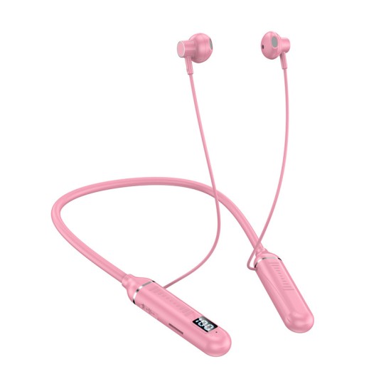 Wireless Bluetooth Headset Led Digital Display Hanging Neck Stereo Noise Cancelling Sports Earphones Bl-021 Pink