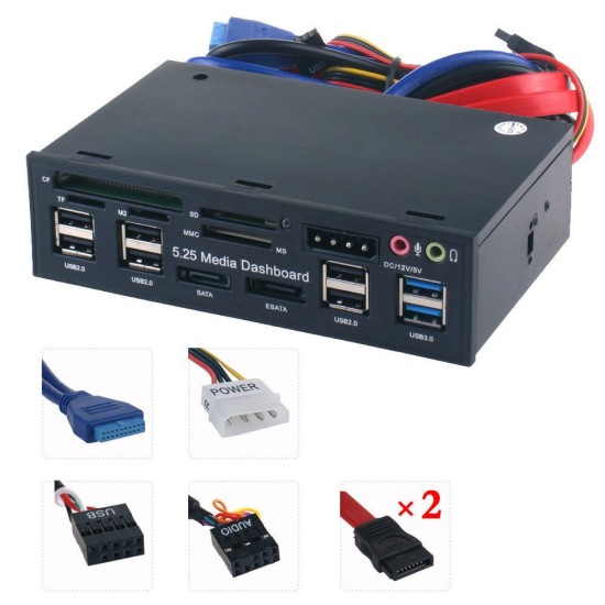 USB 3.0 Hub Multi-Function eSATA SATA Port Internal Card Reader PC Media Front Panel Audio for SD MS CF TF M2 MMC Memory Cards black