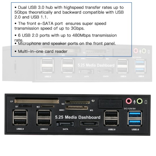 USB 3.0 Hub Multi-Function eSATA SATA Port Internal Card Reader PC Media Front Panel Audio for SD MS CF TF M2 MMC Memory Cards black