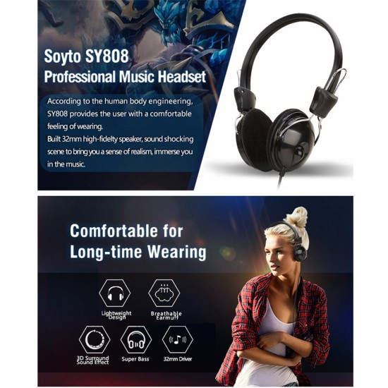 Bass Wired Gaming Headset 3.5mm Plug Foldable Portable Hifi Headphones Sy808 for Phone Tablet Black