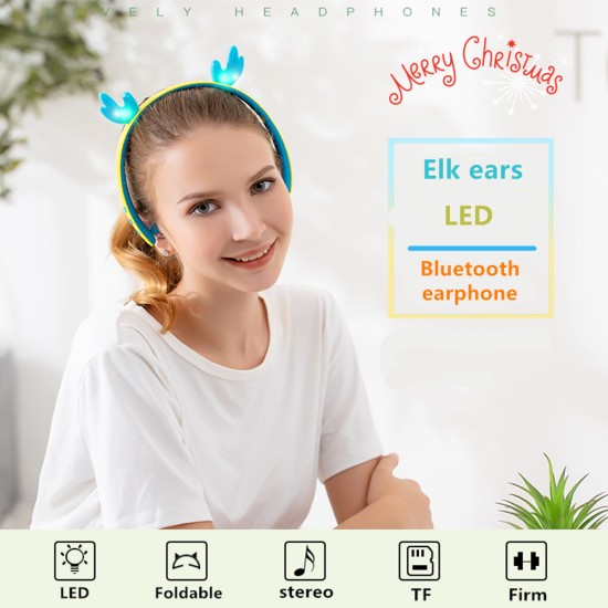 Creative LED Cartoon Luminous Elk Ear 5.0 Foldable In-ear Wireless Bluetooth Headset blue