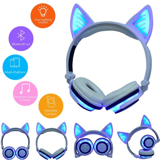 Cute Cat Ear Rechargeable Gaming Headset with LED Lights Colorful Over Ear Foldable Headphones with Mic for Cell Phone  purple