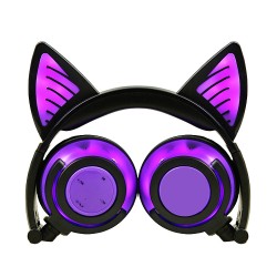 Cute Cat Ear Rechargeable Gaming Headset with LED Lights Colorful Over Ear Foldable Headphones with Mic for Cell Phone  purple