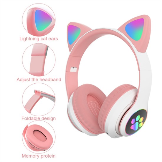 Cute Cat Ears Wireless Headphones with Mic Stereo Music Gaming Led RGB Bluetooth Headset Black