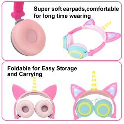 Cute Kids Cat Ear Headphones Wired Adjustable for Boys Girls Tablet Kids Headband Earphone Foldable Over On Ear Game Headset  Blue pink