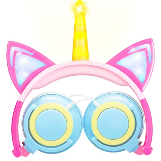 Cute Kids Cat Ear Headphones Wired Adjustable for Boys Girls Tablet Kids Headband Earphone Foldable Over On Ear Game Headset  Blue pink