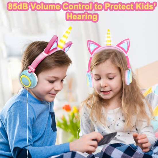 Cute Kids Cat Ear Headphones Wired Adjustable for Boys Girls Tablet Kids Headband Earphone Foldable Over On Ear Game Headset  Blue pink